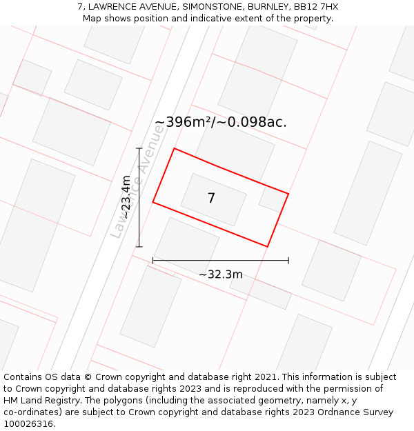 7, LAWRENCE AVENUE, SIMONSTONE, BURNLEY, BB12 7HX: Plot and title map