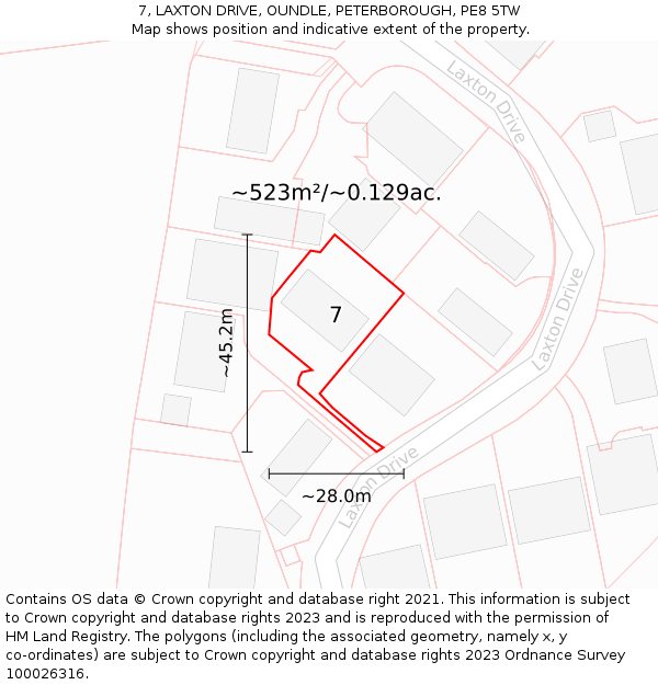 7, LAXTON DRIVE, OUNDLE, PETERBOROUGH, PE8 5TW: Plot and title map