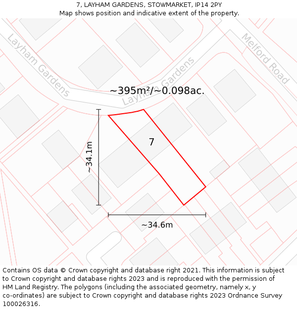 7, LAYHAM GARDENS, STOWMARKET, IP14 2PY: Plot and title map