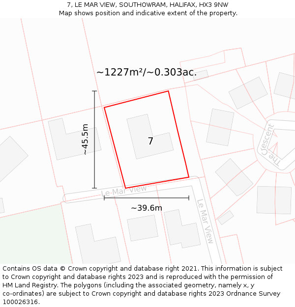 7, LE MAR VIEW, SOUTHOWRAM, HALIFAX, HX3 9NW: Plot and title map