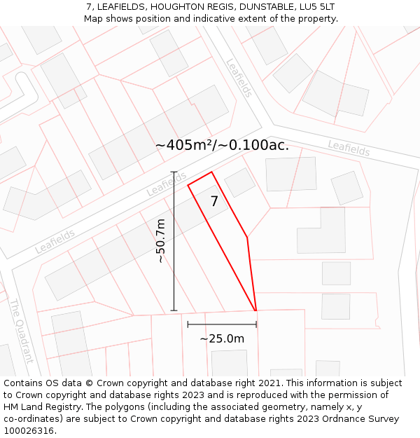 7, LEAFIELDS, HOUGHTON REGIS, DUNSTABLE, LU5 5LT: Plot and title map