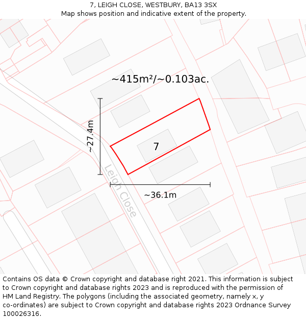 7, LEIGH CLOSE, WESTBURY, BA13 3SX: Plot and title map