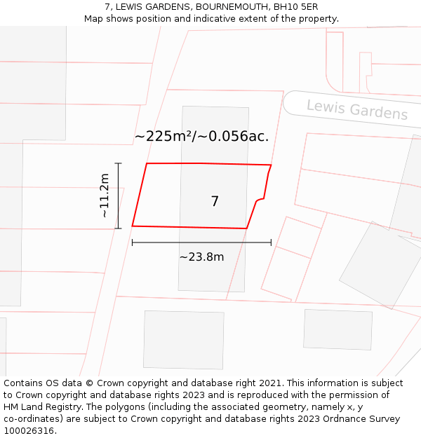 7, LEWIS GARDENS, BOURNEMOUTH, BH10 5ER: Plot and title map