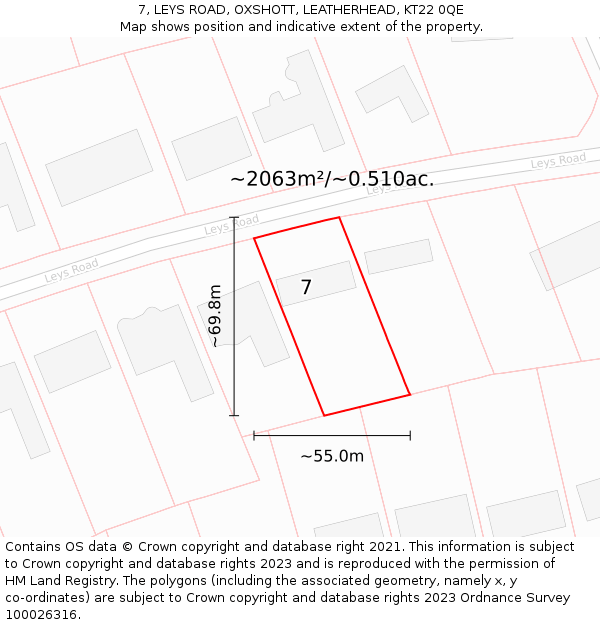 7, LEYS ROAD, OXSHOTT, LEATHERHEAD, KT22 0QE: Plot and title map