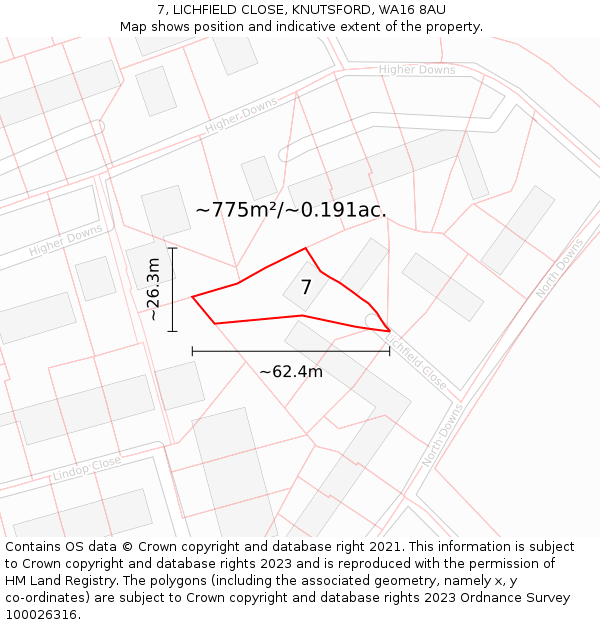7, LICHFIELD CLOSE, KNUTSFORD, WA16 8AU: Plot and title map