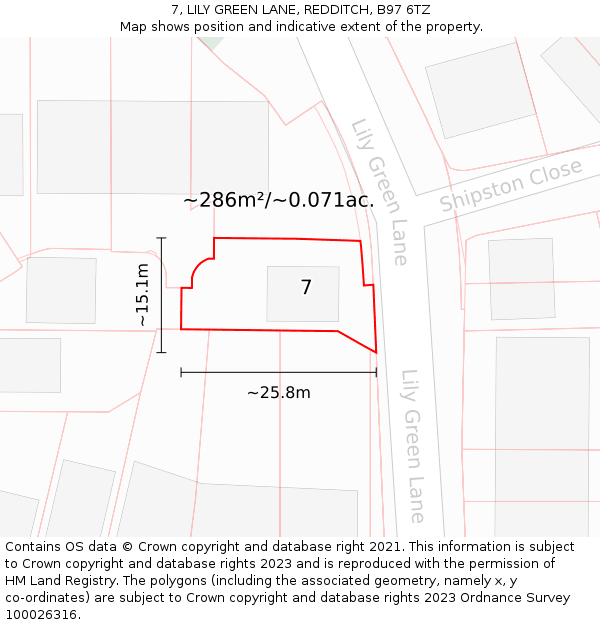 7, LILY GREEN LANE, REDDITCH, B97 6TZ: Plot and title map