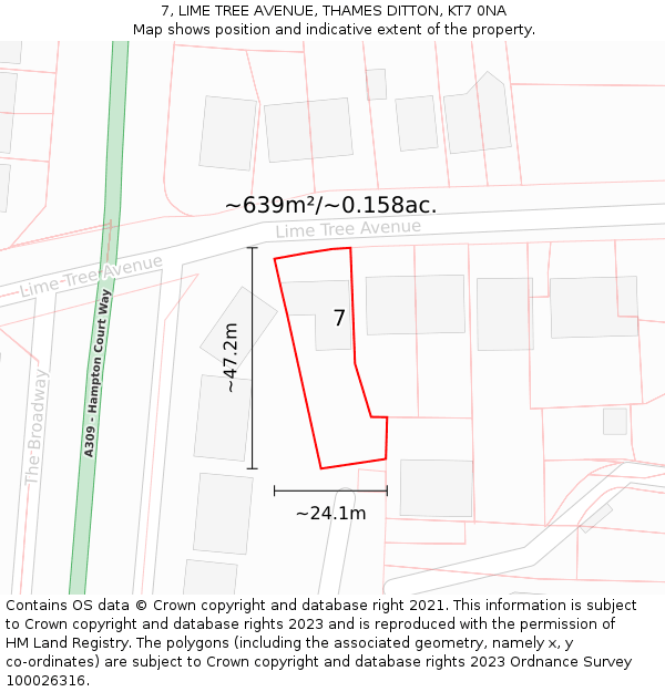 7, LIME TREE AVENUE, THAMES DITTON, KT7 0NA: Plot and title map