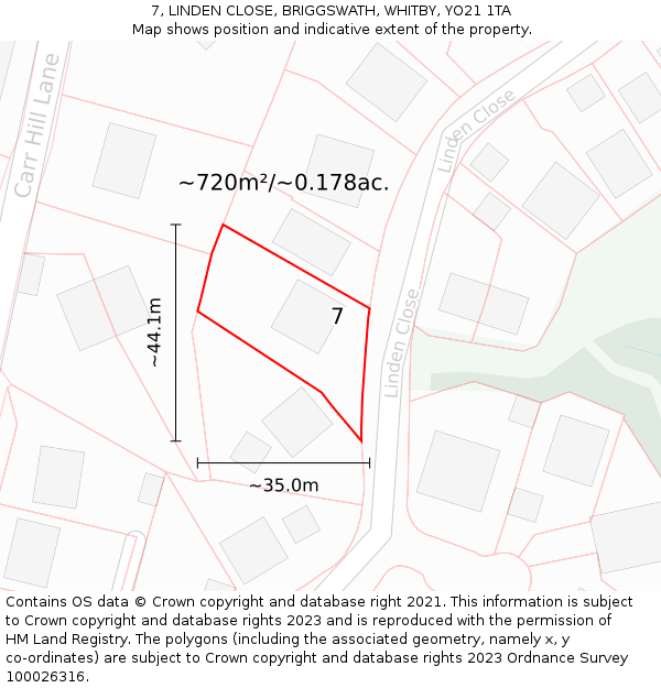 7, LINDEN CLOSE, BRIGGSWATH, WHITBY, YO21 1TA: Plot and title map