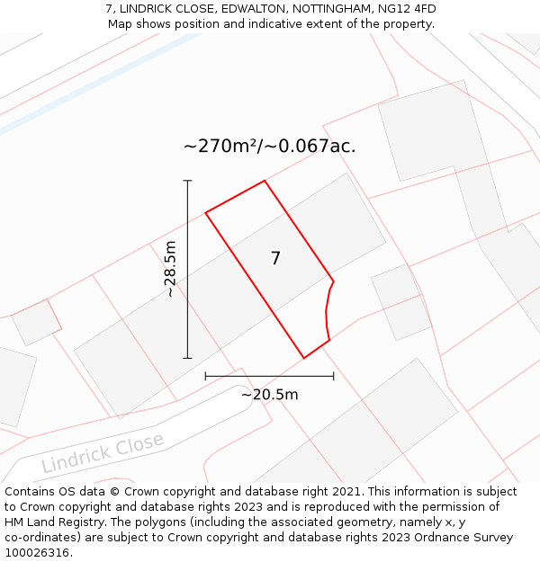 7, LINDRICK CLOSE, EDWALTON, NOTTINGHAM, NG12 4FD: Plot and title map