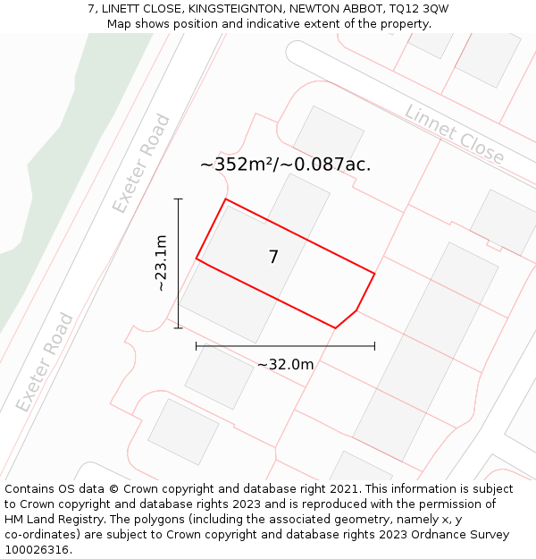 7, LINETT CLOSE, KINGSTEIGNTON, NEWTON ABBOT, TQ12 3QW: Plot and title map