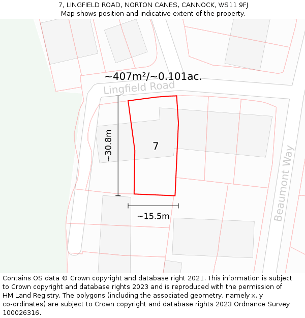 7, LINGFIELD ROAD, NORTON CANES, CANNOCK, WS11 9FJ: Plot and title map