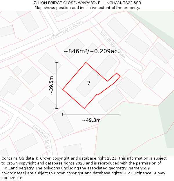 7, LION BRIDGE CLOSE, WYNYARD, BILLINGHAM, TS22 5SR: Plot and title map