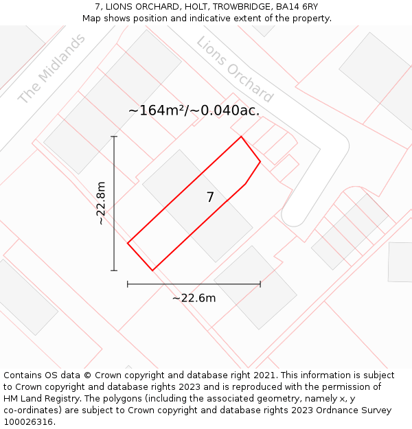 7, LIONS ORCHARD, HOLT, TROWBRIDGE, BA14 6RY: Plot and title map