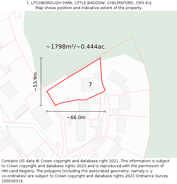 7, LITCHBOROUGH PARK, LITTLE BADDOW, CHELMSFORD, CM3 4UJ: Plot and title map