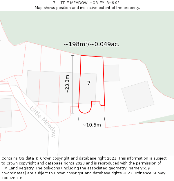 7, LITTLE MEADOW, HORLEY, RH6 9FL: Plot and title map