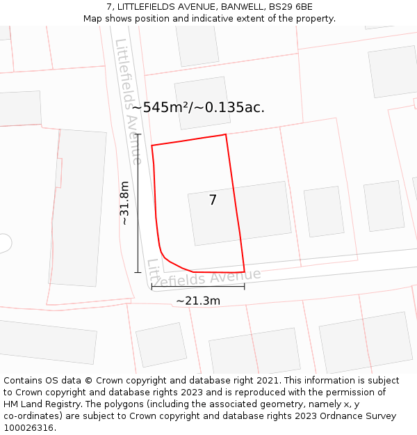 7, LITTLEFIELDS AVENUE, BANWELL, BS29 6BE: Plot and title map