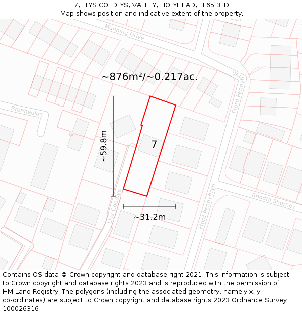 7, LLYS COEDLYS, VALLEY, HOLYHEAD, LL65 3FD: Plot and title map