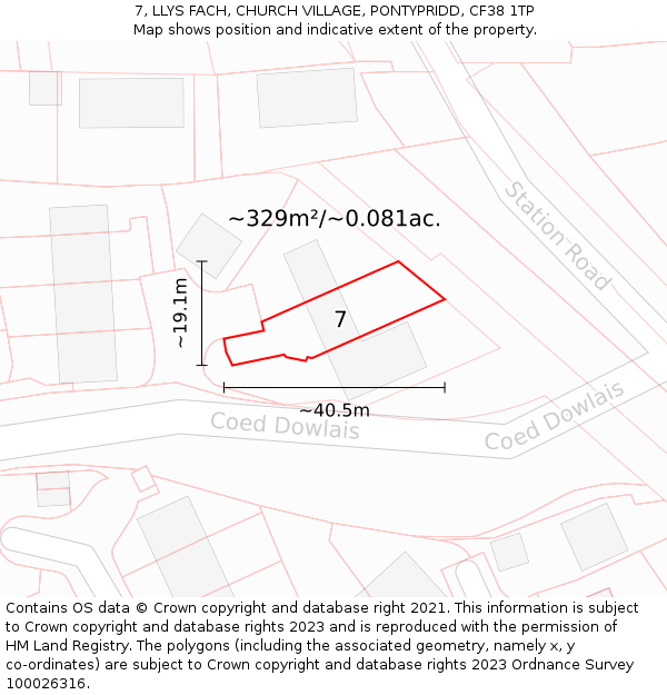 7, LLYS FACH, CHURCH VILLAGE, PONTYPRIDD, CF38 1TP: Plot and title map