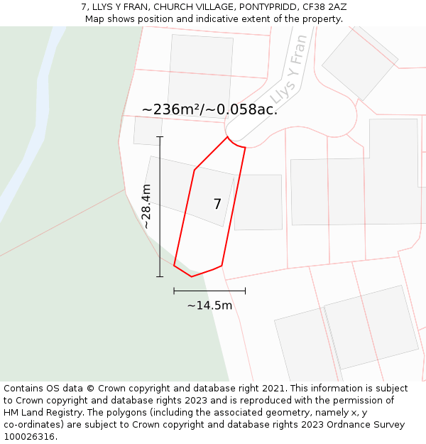 7, LLYS Y FRAN, CHURCH VILLAGE, PONTYPRIDD, CF38 2AZ: Plot and title map