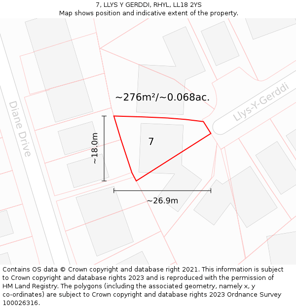 7, LLYS Y GERDDI, RHYL, LL18 2YS: Plot and title map