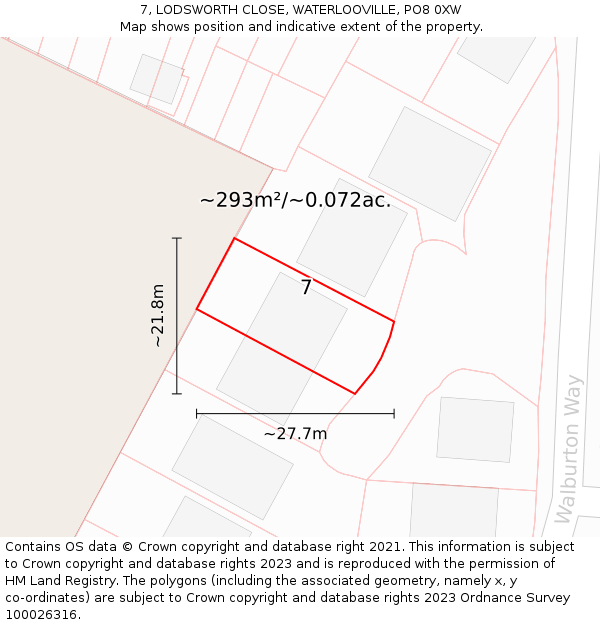 7, LODSWORTH CLOSE, WATERLOOVILLE, PO8 0XW: Plot and title map