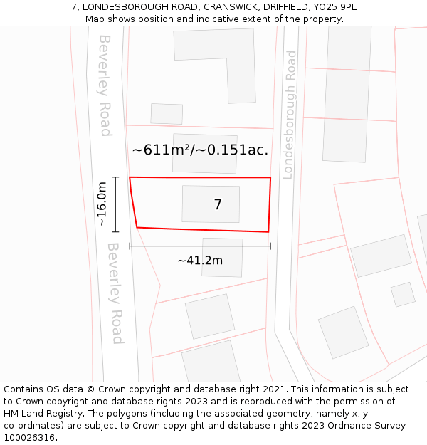 7, LONDESBOROUGH ROAD, CRANSWICK, DRIFFIELD, YO25 9PL: Plot and title map