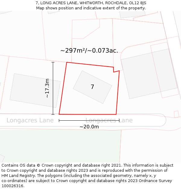 7, LONG ACRES LANE, WHITWORTH, ROCHDALE, OL12 8JS: Plot and title map