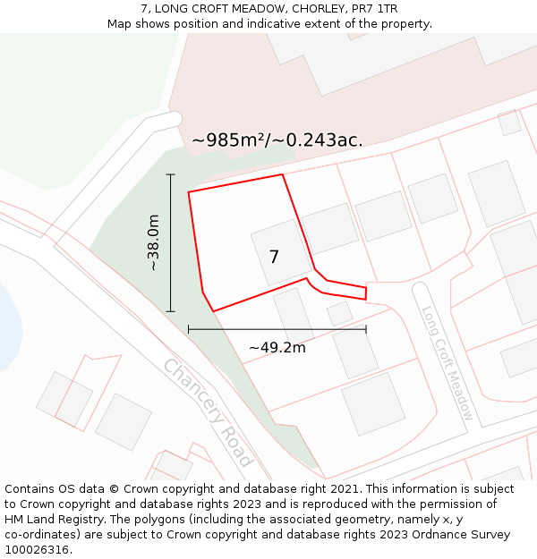 7, LONG CROFT MEADOW, CHORLEY, PR7 1TR: Plot and title map