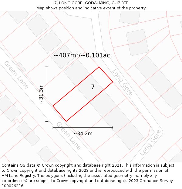 7, LONG GORE, GODALMING, GU7 3TE: Plot and title map