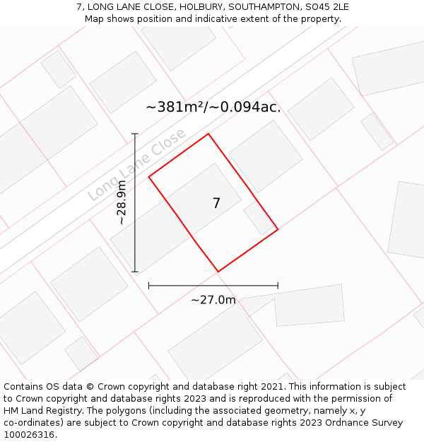 7, LONG LANE CLOSE, HOLBURY, SOUTHAMPTON, SO45 2LE: Plot and title map