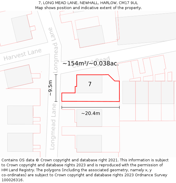 7, LONG MEAD LANE, NEWHALL, HARLOW, CM17 9UL: Plot and title map