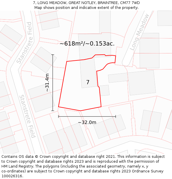 7, LONG MEADOW, GREAT NOTLEY, BRAINTREE, CM77 7WD: Plot and title map