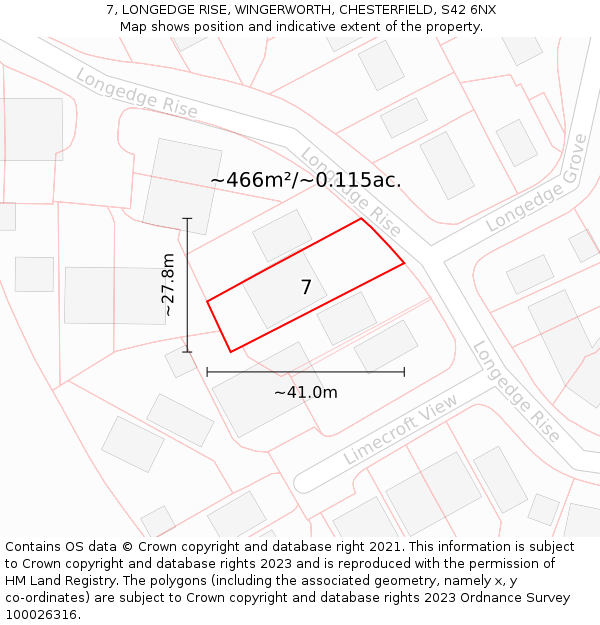 7, LONGEDGE RISE, WINGERWORTH, CHESTERFIELD, S42 6NX: Plot and title map