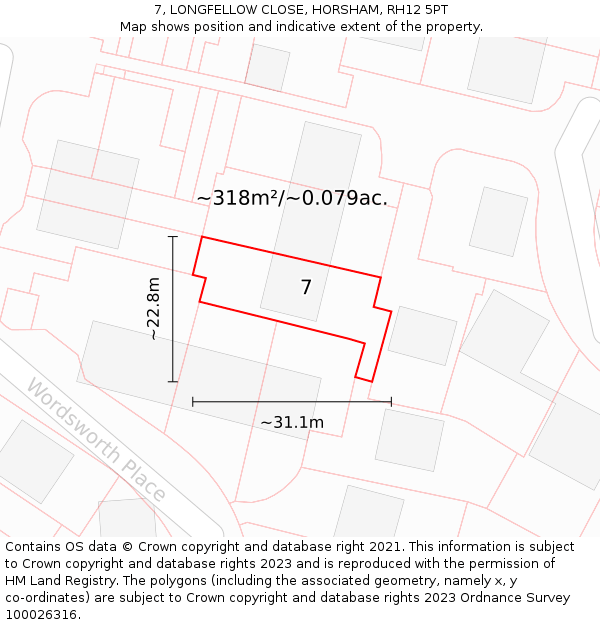 7, LONGFELLOW CLOSE, HORSHAM, RH12 5PT: Plot and title map