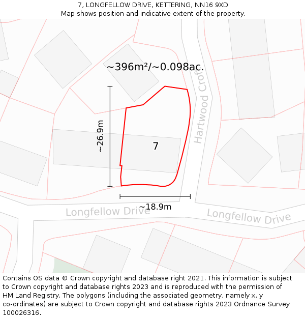 7, LONGFELLOW DRIVE, KETTERING, NN16 9XD: Plot and title map