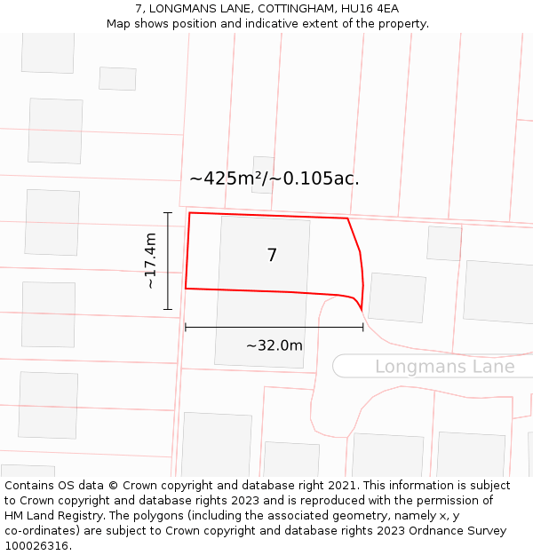 7, LONGMANS LANE, COTTINGHAM, HU16 4EA: Plot and title map