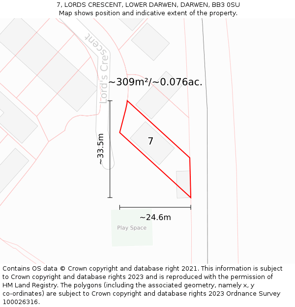 7, LORDS CRESCENT, LOWER DARWEN, DARWEN, BB3 0SU: Plot and title map