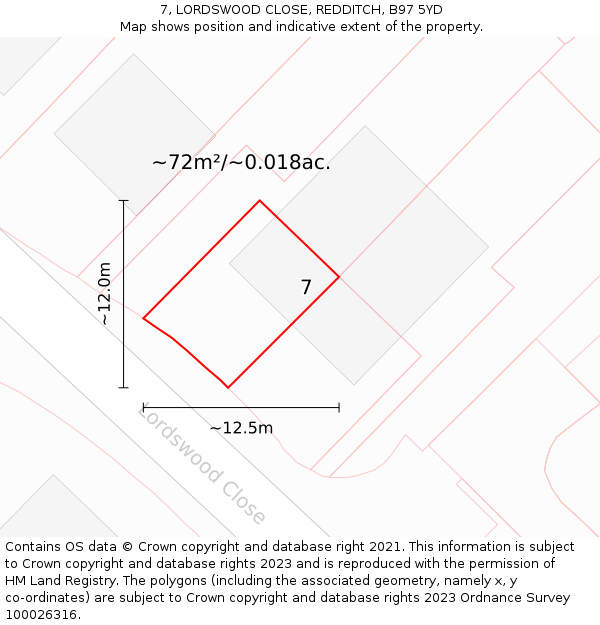 7, LORDSWOOD CLOSE, REDDITCH, B97 5YD: Plot and title map