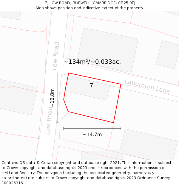 7, LOW ROAD, BURWELL, CAMBRIDGE, CB25 0EJ: Plot and title map