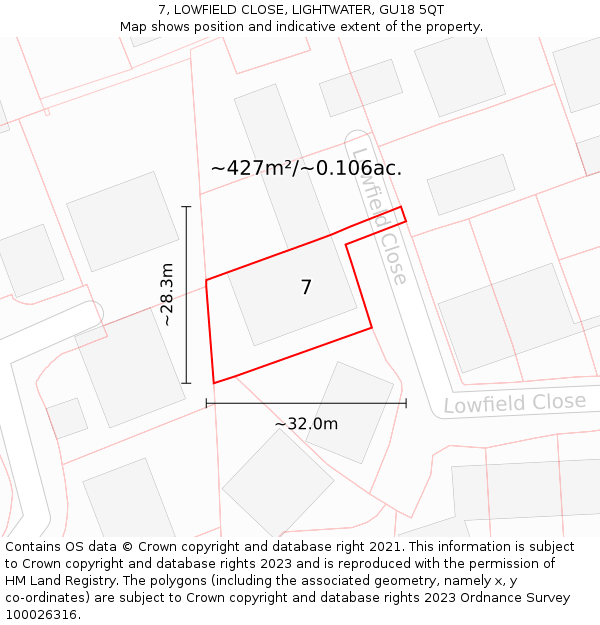 7, LOWFIELD CLOSE, LIGHTWATER, GU18 5QT: Plot and title map