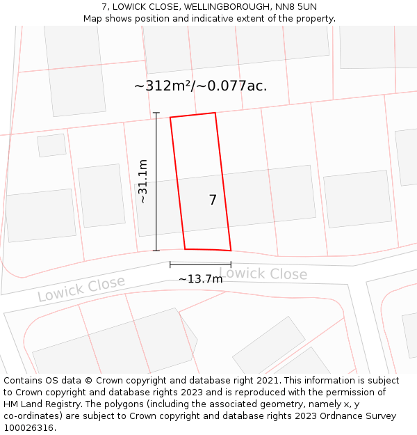 7, LOWICK CLOSE, WELLINGBOROUGH, NN8 5UN: Plot and title map