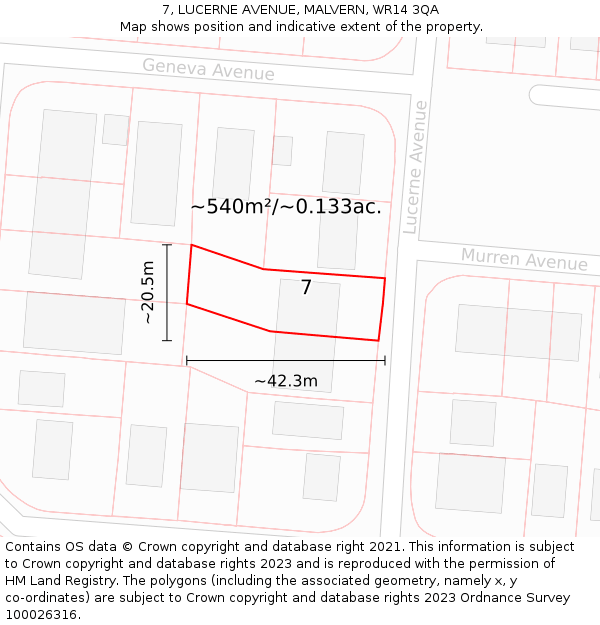 7, LUCERNE AVENUE, MALVERN, WR14 3QA: Plot and title map