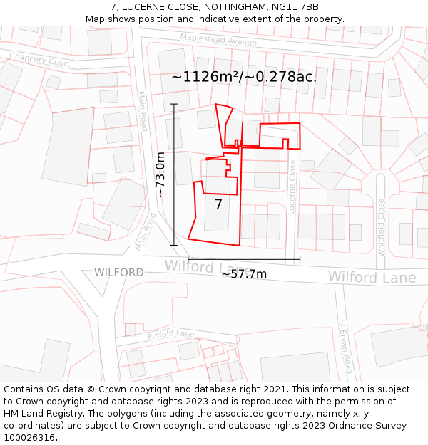 7, LUCERNE CLOSE, NOTTINGHAM, NG11 7BB: Plot and title map