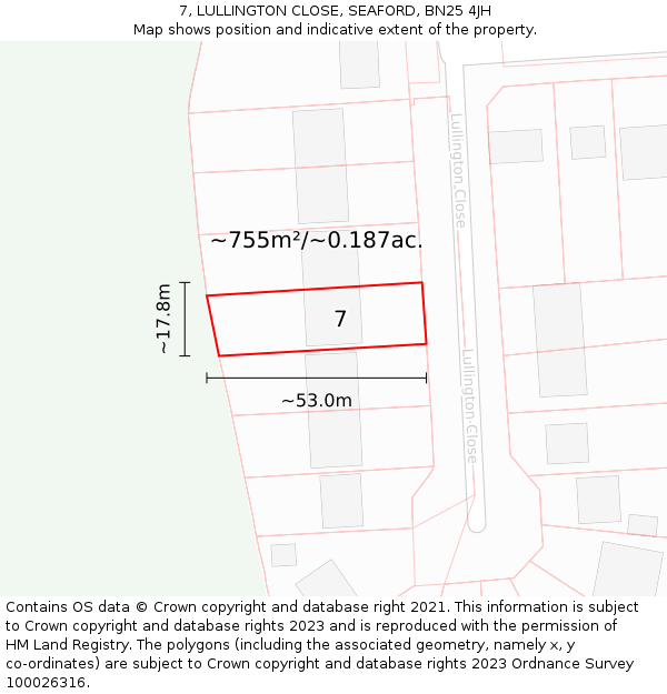 7, LULLINGTON CLOSE, SEAFORD, BN25 4JH: Plot and title map