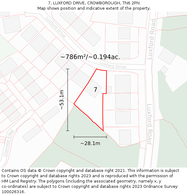 7, LUXFORD DRIVE, CROWBOROUGH, TN6 2PN: Plot and title map