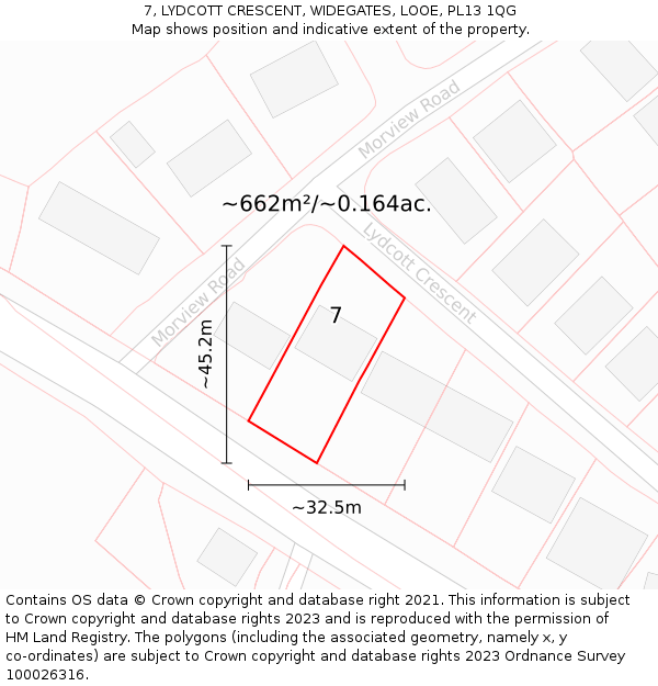 7, LYDCOTT CRESCENT, WIDEGATES, LOOE, PL13 1QG: Plot and title map