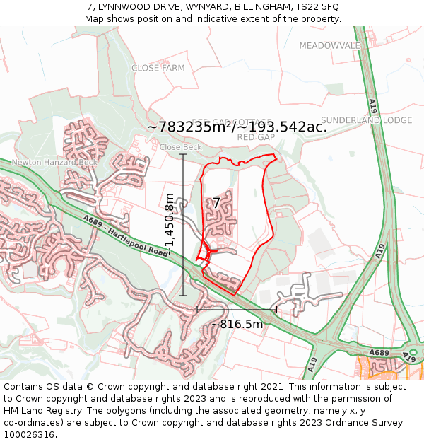 7, LYNNWOOD DRIVE, WYNYARD, BILLINGHAM, TS22 5FQ: Plot and title map