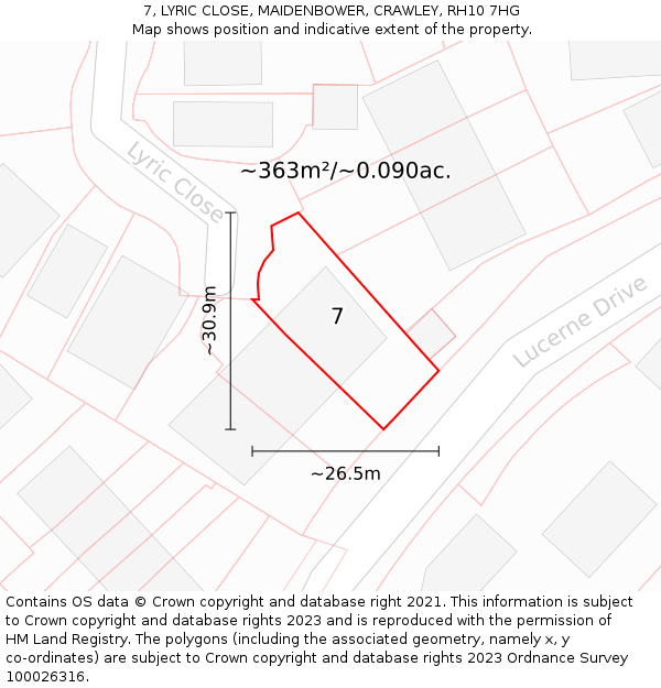 7, LYRIC CLOSE, MAIDENBOWER, CRAWLEY, RH10 7HG: Plot and title map