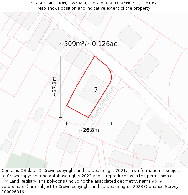 7, MAES MEILLION, DWYRAN, LLANFAIRPWLLGWYNGYLL, LL61 6YE: Plot and title map