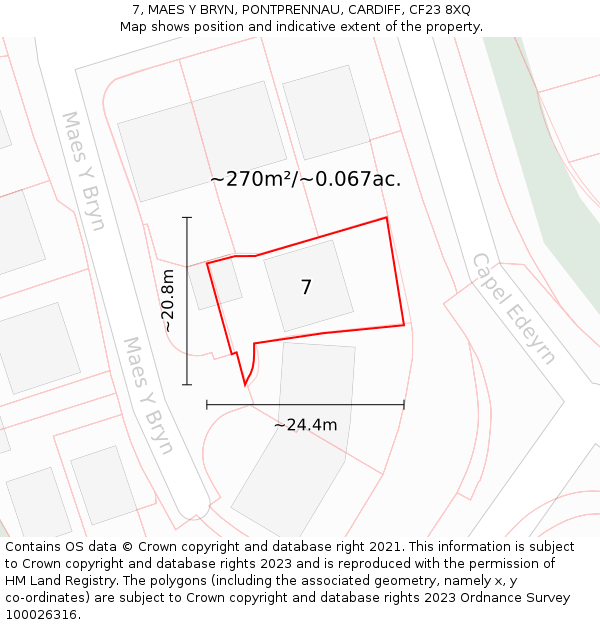 7, MAES Y BRYN, PONTPRENNAU, CARDIFF, CF23 8XQ: Plot and title map